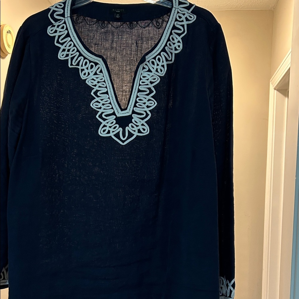 Talbots Linen Navy Blue with White Embroidered Trim Size 2XL